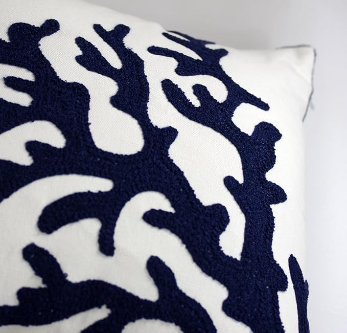 Embroidered Nautical Decor Pillow Cover,Square 18 Inches Decorative Canvas Pillow Cover for Nautical Style Deco by (Navy-Coral)