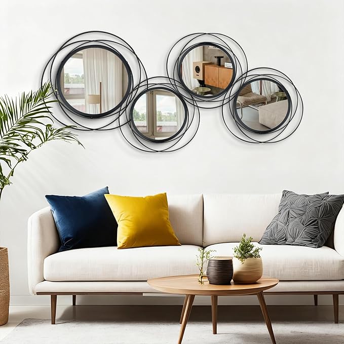 4 Set Circle Mirrors for Wall Decor Living Room Bedroom Entryway | Metal Round Mirror Decorative Hanging Mirrors Sun Bohemian Geometric Accent Sculpture Black 11 In/9.2 in