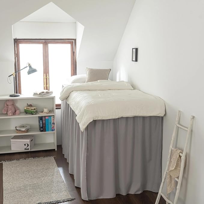 Dorm Bed Skirt Twin XL 42 Inch Drop Length | Light Grey, Ruffled Pattern College Dorm Room Bed Skirts - Split Corner, Easy Care, Microfiber Bed Skirt with Platform