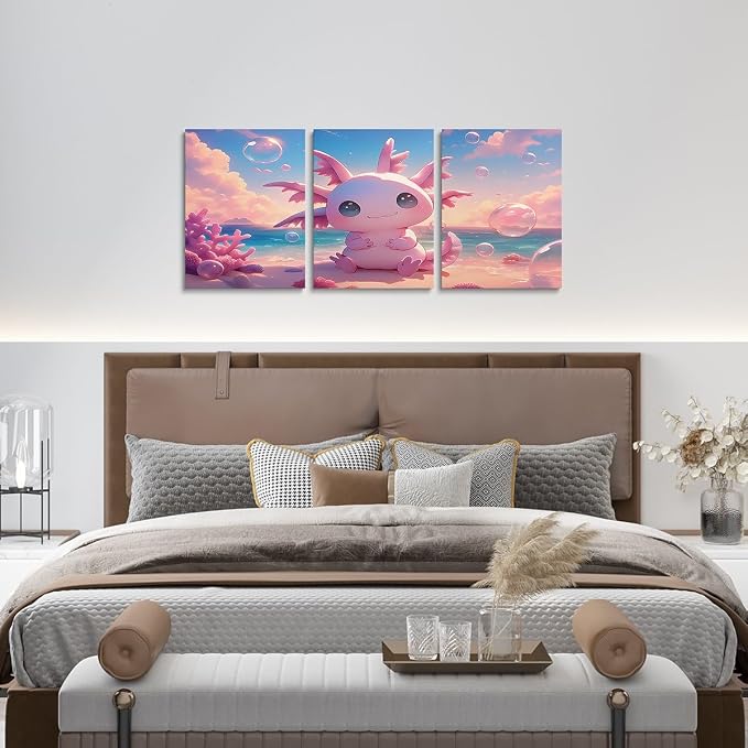Feelyou Kids Cute Pink Axolotl Canvas Wall Art for Living Room Bedroom Ocean Sealife Wall Painting Posters Girls Kawaii Cartoon Animal Picture Wall Decor Beach Bathroom Wall Art 12"x16"x 3Pcs