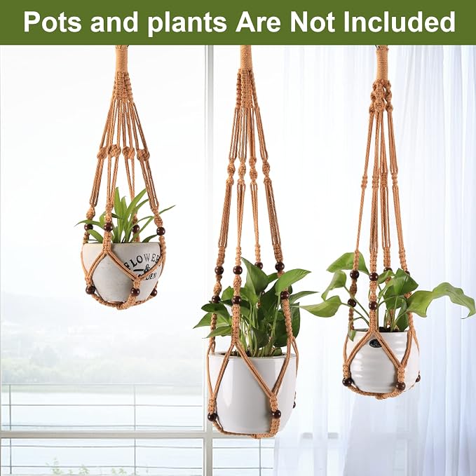 Macrame Plant Hangers with Beads for Indoor and Outdoor, 3 Pack