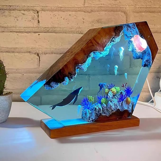Handmade Blue Whale Resin Lamp with Wood Base