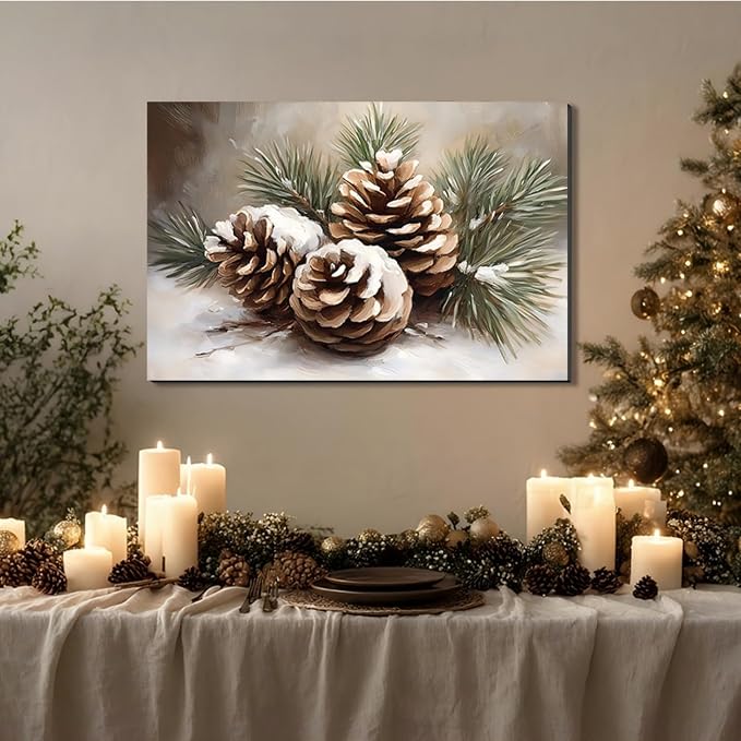 Framed Christmas Wall Decor for Living Room 16x24inch, Vintage Pinecone Still Life Canvas Print, Rustic Winter Snow Scene Pictures Artwork, Farmhouse Season Wall Art for Home Decor