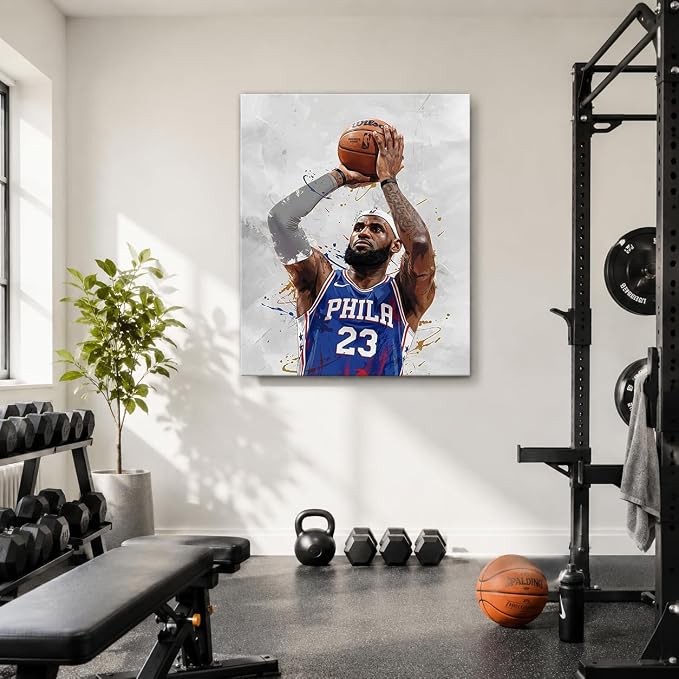 LeBron James Basketball Canvas Wall Art, Sports Player Poster, 24x30 Inch | Abstract splash ink athletic artwork, motivational sports wall decor for teen boys room, bedroom, living room, gym or office