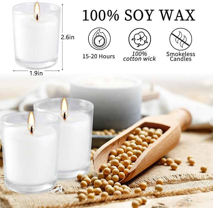 20 Pack Unscented White Clear Glass Filled Votive Candles | Soy Wax, Smokeless, Hand Poured Wax Candles Ideal for Aromatherapy, Spa, Weddings, Birthdays, Holidays & Party Decor