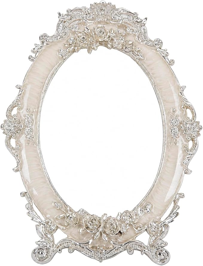 Vintage Vanity Makeup Mirror for Desk - Antique Small Table Decor, White | Art Nouveau Decorative with Stand, Frame for Tabletop Office Bedroom Furniture Room Bathroom Home Wall Dresser Accessories