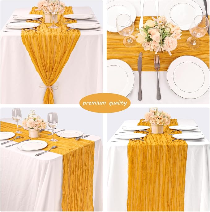 Fivenl Boho Gauze Table Runner - 35x72 Inch, Rustic Cheese Cloth, Long Table Runner for Wedding, Bridal Shower, Birthday Party Decor (Mustard)