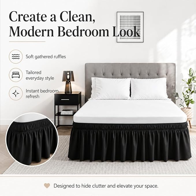 Vocander Black Queen Bed Skirt 18 Inch Drop, Elastic Wrap Dust Ruffle | Hides Underbed Storage, No Mattress Lifting, Elastic Stays Put, Soft Fabric, Machine Washable, Polished Look