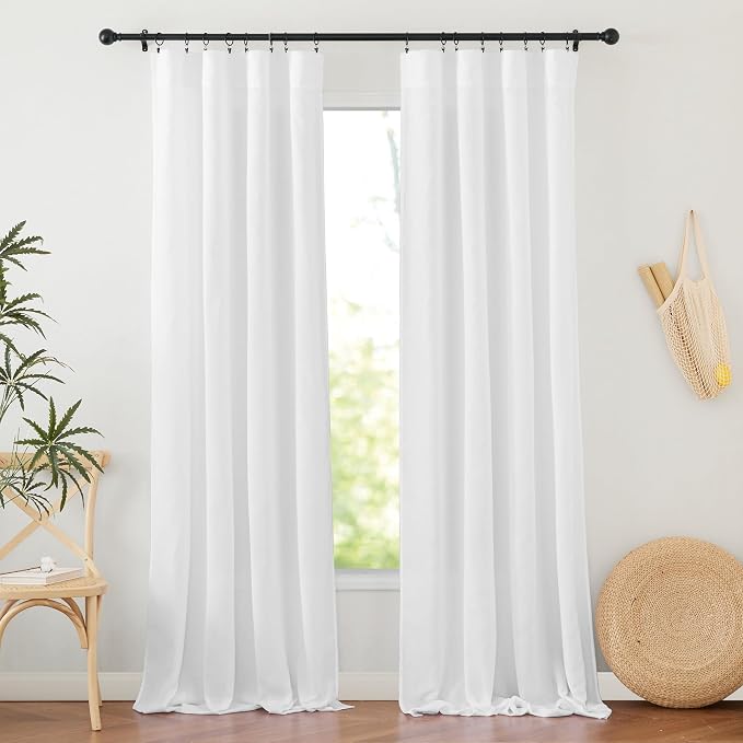 RYB HOME Linen Sheer Curtains 2 Panels for Living Room, Semi Transparent Privacy Drapes with Rod Pocket Farmhouse Style Window Treatments for Bedroom, White, 52" W x 108" L