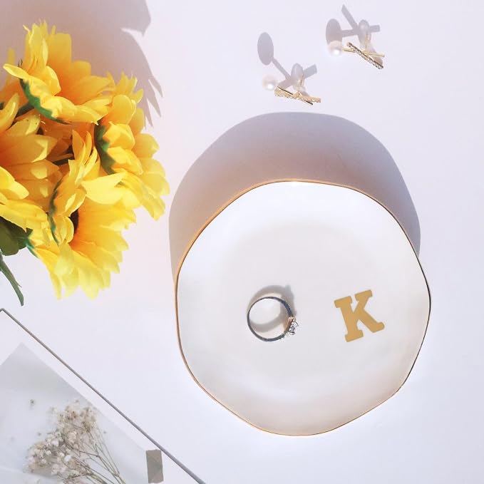 Ceramic Jewelry Tray Initial Ring Dish Personalized K-Monogrammed Engagement Wedding Gifts,Decorative Jewelry Holder for Birthday Mother's Day Christmas for Women, Ceramic White 4.5" (K)
