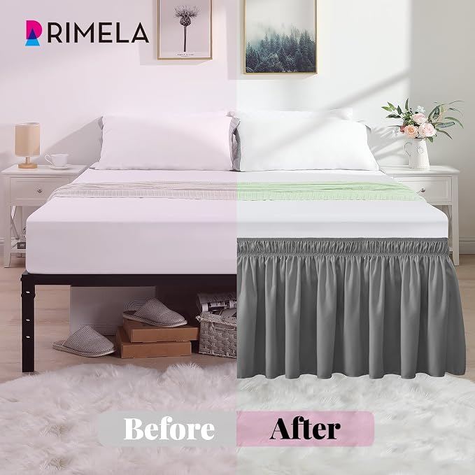 RIMELA Gray King Size Bed Skirt 18 Inch Drop, Elastic Bed Skirts Cal King Dust Ruffle, Light Grey Bedskirt for Adjustable Bed Base Solid Fade Resistant Silky Fabric Machine Washable Easy to Install | Solid Ruffled, Easy to Use, No Mattress Lifting, Wri...