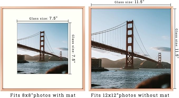 Frametory 12x12 Rose Gold Aluminum Metal Picture Frame Mat for 8x8 Glass