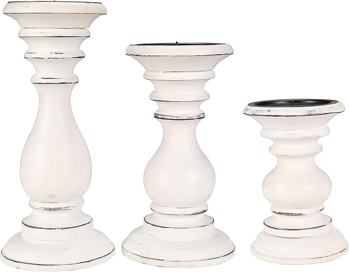 Decorative Wooden Candle Holders Set of 3, White Antique Mango Wood Pillar Candle Stands for Farmhouse Home Décor, Rustic Table Centerpiece for Wedding, Dining Table & Living Room, 10", 8" & 6" Tall