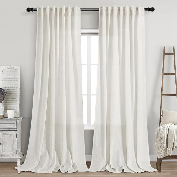 Beige White Linen Curtains 102 Inches Long Rod Pocket Back Tab Drapes 2 Panels Set for Living Room Light Filtering Semi Sheer Beige White Curtain 102 Length for Patio Door Bedroom 52x102