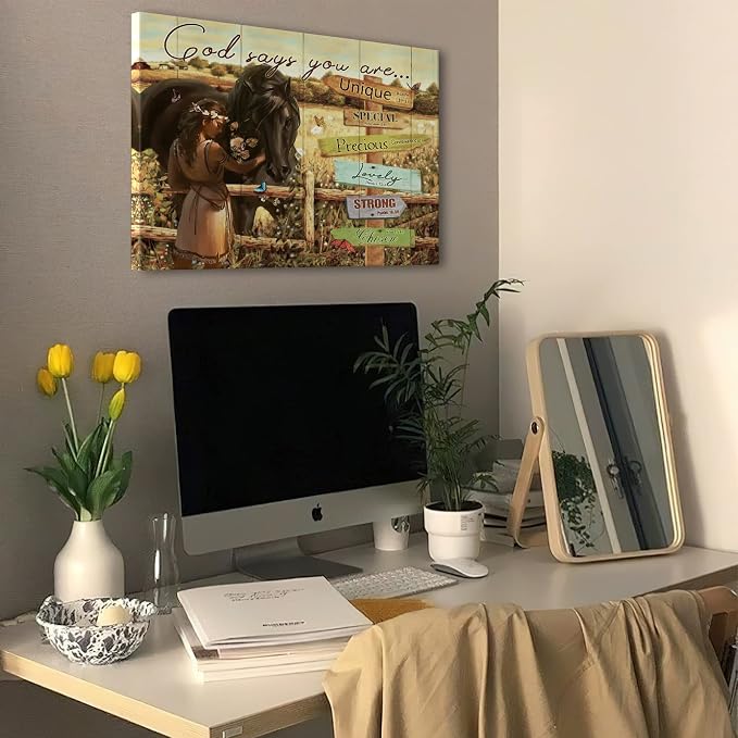 Rustic Farmhouse Horse Wall Art Horse Gifts for Girls Inspirational Spiritual Scripture Christian Picture God Says You Are Wall Decor Framed Modern Artwork for Girls Bedroom 16x24 inch