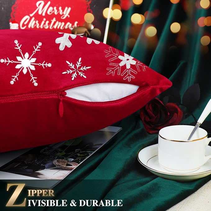 BRAWARM Christmas Pillow Cover 18 X 18 Inches, Christmas Red Snowflake Embroidered Pillow Cover, Soft Velvet Decorative Throw Pillow for Couch Bed Sofa Living Room Home