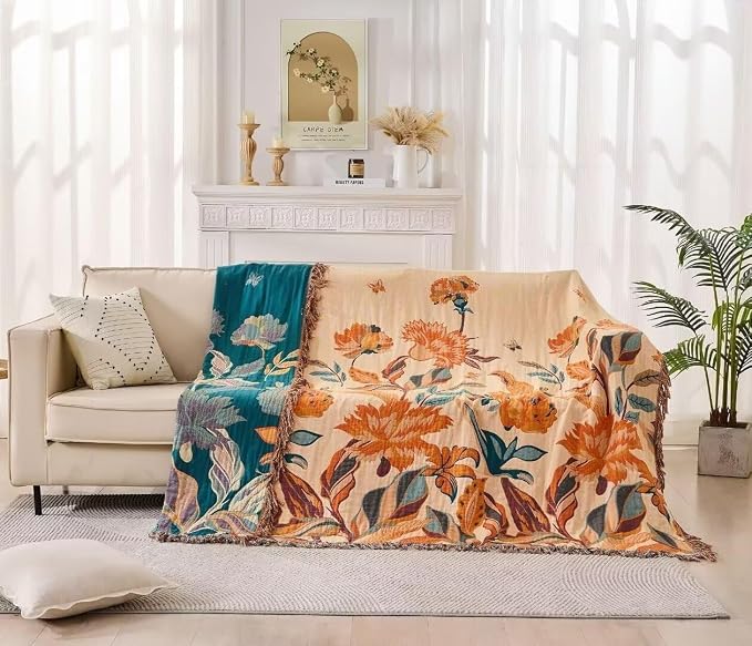 Boho Throw Blanket for Bed 100% Cotton Bohemian Blankets Ultra Soft Woven Muslin Decorative Blankets All Seasons Vintage Quilt Knitted Blanket for Sofa Chair(Orange, 80"x90")