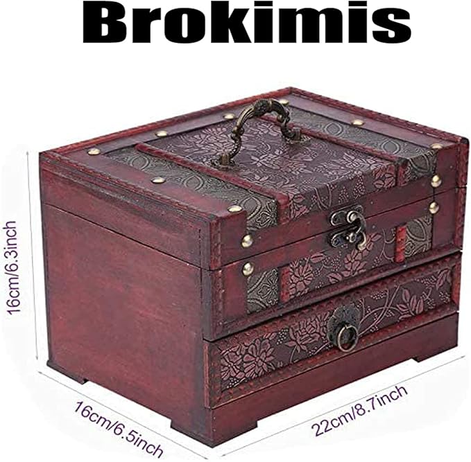 Brokimis Wooden Jewelry Box with Mirror Classical Wood Jewlery Storage Box | Jewelery Case Holder Jewellery Chest Organizer with Drawer Mom Gifts Mothers Day Gift for Women Girls Ring Necklace Earring