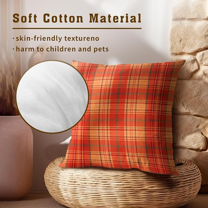Fall Plaid Throw Pillow Covers 24x24inch Set of 2 Burnt Orange Buffalo Plaid Print Pillowcase Autumn Colored Tartan Thanksgiving Farmhouse Seasonal Decorative Cushion Cases for Home Sofa Patio