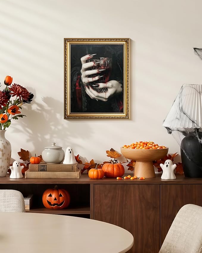 WHASAYART Vintage Gold Framed Vampire Hands Canvas Wall Art | Dark Academia Red Wine Glass Poster, Victorian Gothic Wall Decor for Halloween & Bathroom, 13x16" Waterproof Canvas Painting