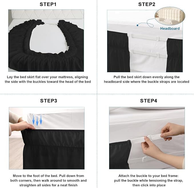 Full Bed Skirt with Elastic Strap, Ruffle Full Size Bed Skirt with 16" Drop | Wrap Around Dust Ruffle Easy to Install on Bed Bases & Frames, Wrinkle-free, Machine Washable, Black