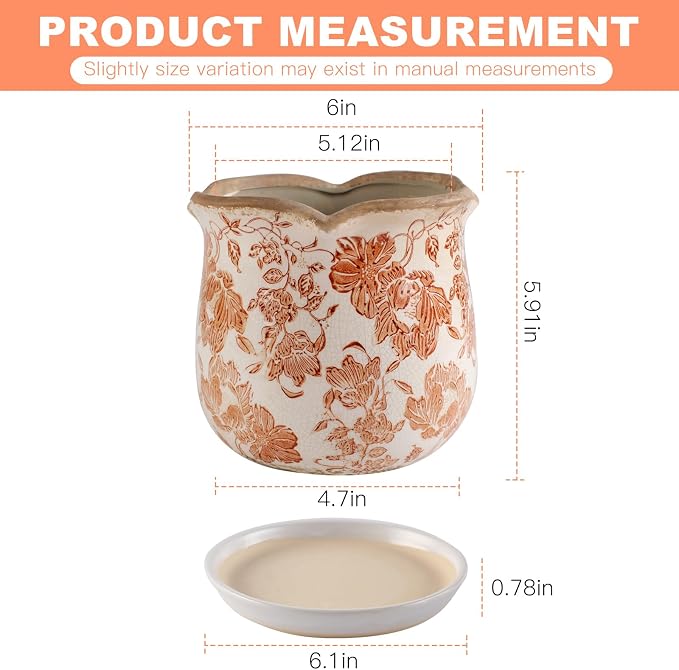 Ceramic-Planters-for-Indoor-Plants with Saucer, 6 inch Vintage Ice Crackle Glaze Plant Pots with Drainage Holes, Decorative Flower Pots for Outdoor Garden Home Decor, Tuscan Pot for Plant