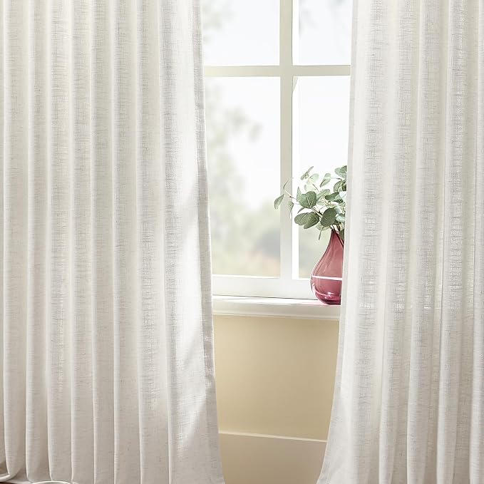 IVAPUPU Extra Wide Pleated Linen Curtains Semi Sheer Drapes Light Filtering | Living Room, Pinch Pleated, Sliding Door, Linen Blend, Hook Rings, Memory Shape, Privacy, Soft, 60x102, Beige White, 1 Panel