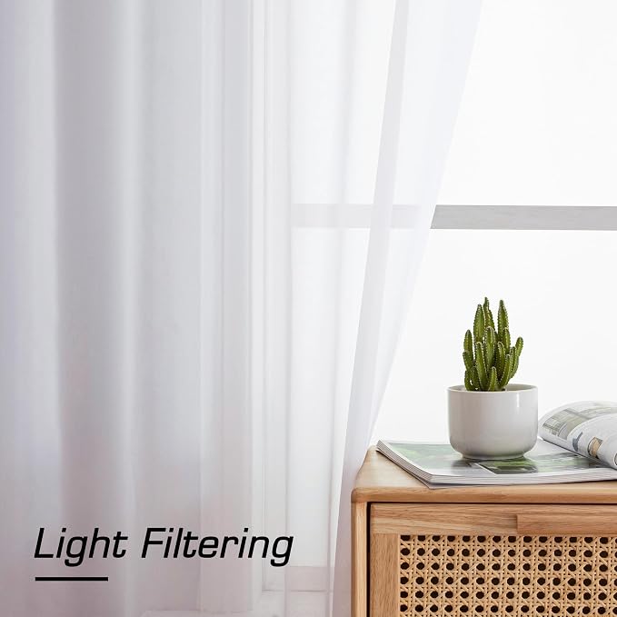 Simplebrand White Sheer Curtains, 63" Length, 2 Panels Set - Light Filtering, Rod Pocket Window Curtains for Bedroom (White, 59" W x 63" L)
