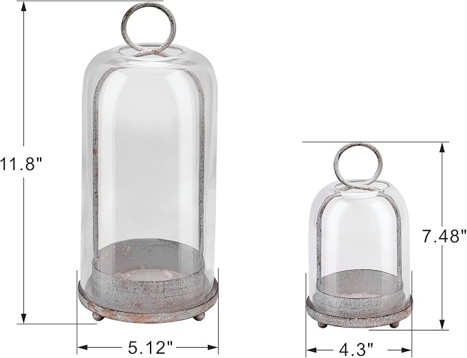 5" & 4" Wide Versatile Metal Candle Holder in Shabby White with Handmade Thick, Heavy & Sturdy Glass Dome for Pillar Candle, Industrial, Modern, Shelf, Mantel, Veranda, Porch