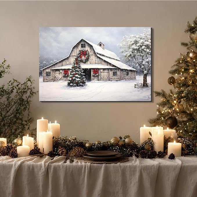 Framed Christmas Wall Art 12x18inch, Farmhouse Barn Pictures Wall Decor Winter snow Scene Canvas Painting Print Home Artwork Decorations for Bathroom Living Room Bedroom