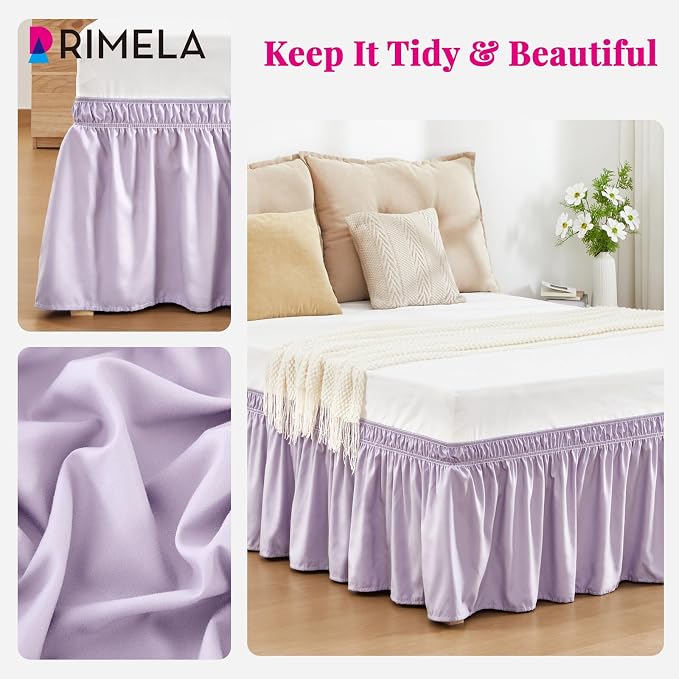 Lavender Purple Bed Skirt King 18" Drop, Elastic Wrap Around Bedskirt | Solid Ruffled, Easy to Use, No Mattress Lifting, Wrinkle & Fade Resistant, with Adhesive Strips, Machine Wash/Dry/Iron