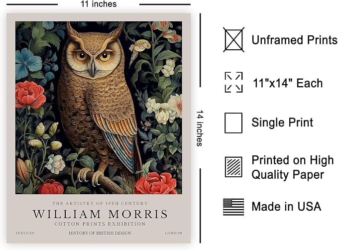 Monem Art William Morris Poster - Owl and Flowers Print - Bird Art - Botanical Artwork - Animal Exhibition Illustration - Floral Design - Aesthetic Creation - Bedroom or Office Decor - 11x14 UNFRAMED Wall Print