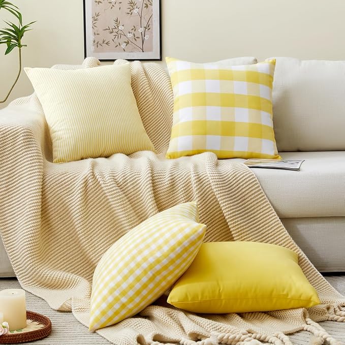 Light Yellow Buffalo Check Summer Plaid Throw Pillow Covers 18x18 Set of 4 | Summer Decorative Pillow Covers 18 x 18 Set of 4, Yellow Room Decor Pillows for Couch Bed,Striped Gingham Buffalo Check Plaid
