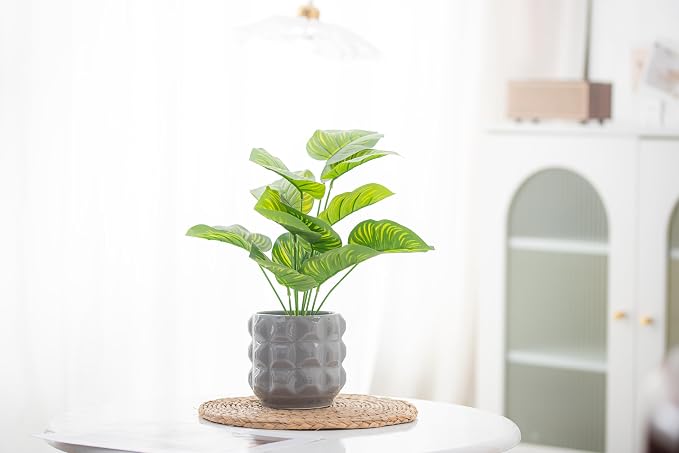 Ceramic Planter Pot with Drainage Hole, 4.5 Inch Dia, Indoor and Outdoor, Home Patio Garden, Plants Flower Succulent, 3D Patterned Round (Gray)