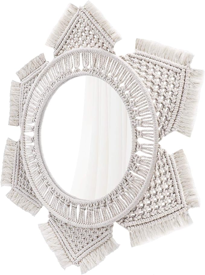 Flexzion Macrame Wall Hanging Mirror, 20 Inch Round Decorative Mirror | Boho Sunburst Wall Decor with Hand-Woven Cotton-Rope Fringe and a 9-Inch Glass Mirror; 20-Inch Overall Diameter
