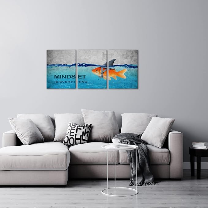 KAWAHONE 3 Panels Modern Framed Inspirational Quote Canvas Wall Art-Mindset is Everything Goldfish Strong Shark Motivational Posters Framed, Bathroom Bedroom Office Decor Framed Ready to Hang