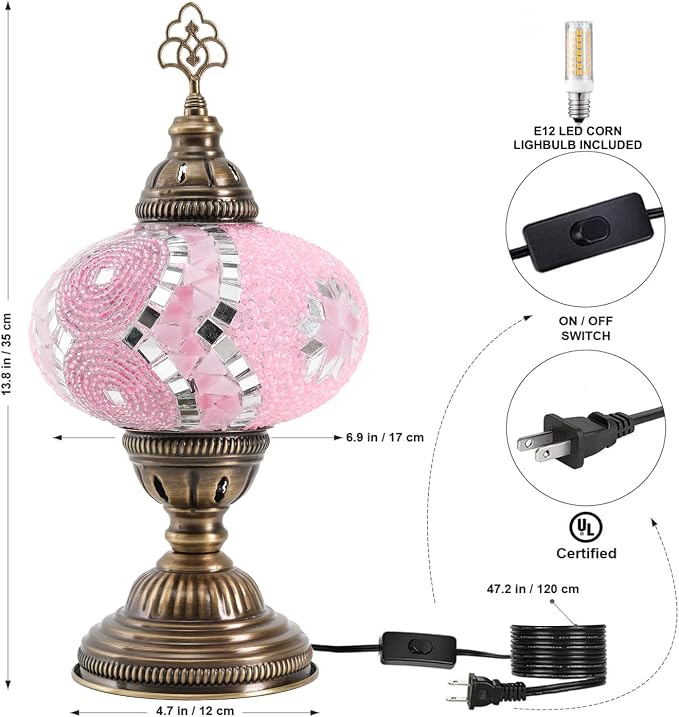 Turkish Mosaic Table Lamp with Bulb – Handmade Pink Stained Glass Light, Vintage Bohemian Decorative Bedside Lamp with US Plug & E12 Socket