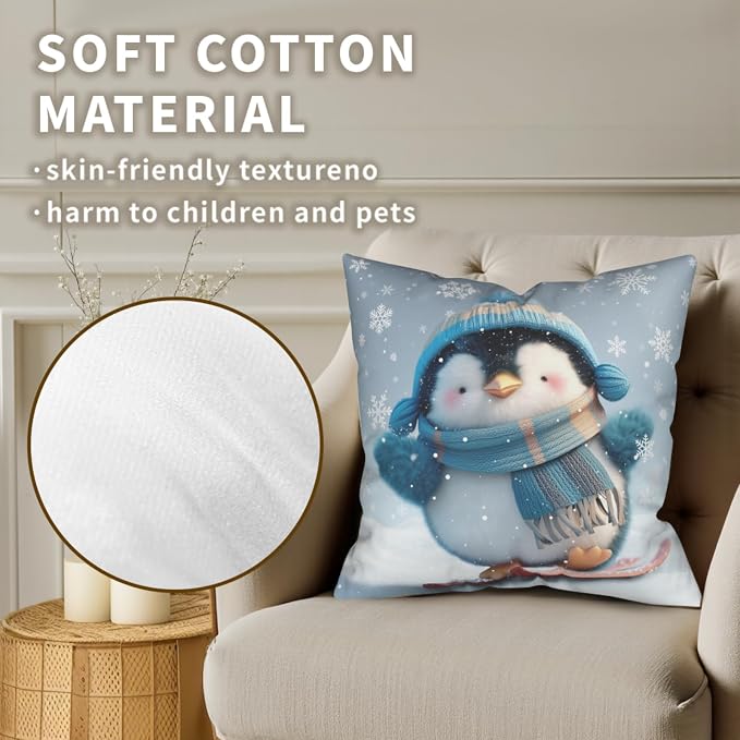 Winter Pillow Covers 16x16 Set of 2 Adorable Skiing Penguins Throw Pillow Covers Snowflakes Pillow Case Double Sided Printing Cushion Case for Home Decor Couch Sofa