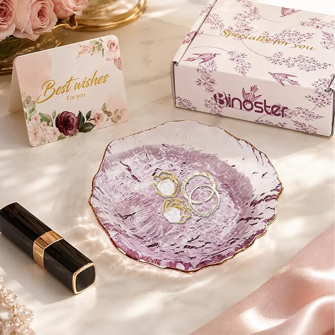Gifts For Women Purple Jewelry Tray Glass Ring Holder Dish Key Bowl Trinket Dish Bathroom Vanity Organizer Aesthetic Bridesmaid Bride Wedding Engagement Retirement Teacher Gifts For Women Her Coworker