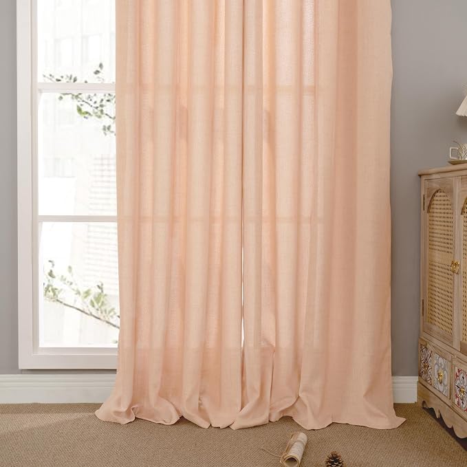 YoungsTex Peach Linen Curtains 84 Inch Length for Living Room 2 Panels | Light Filtering Drapes with Bronze Grommet for Dining Bedroom Window, 52 x 84 Inch