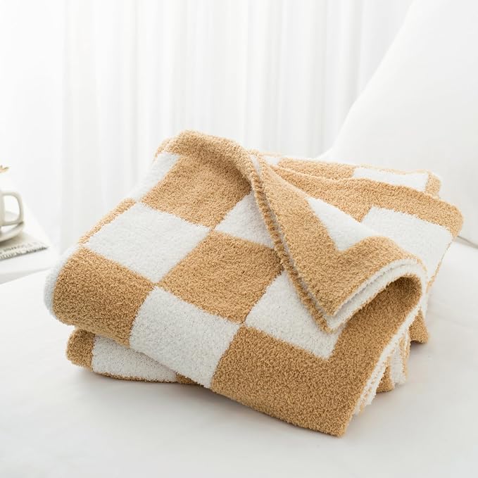 Carriediosa Checkered Throw Blanket 50x60, 400GSM Ultra Soft Microfiber | Tan Brown, Fuzzy Fluffy Cozy Plush Knit Knitted Plaid Checker, Lightweight Cute Preppy Fall Blankets & Throws for Couch, Bed