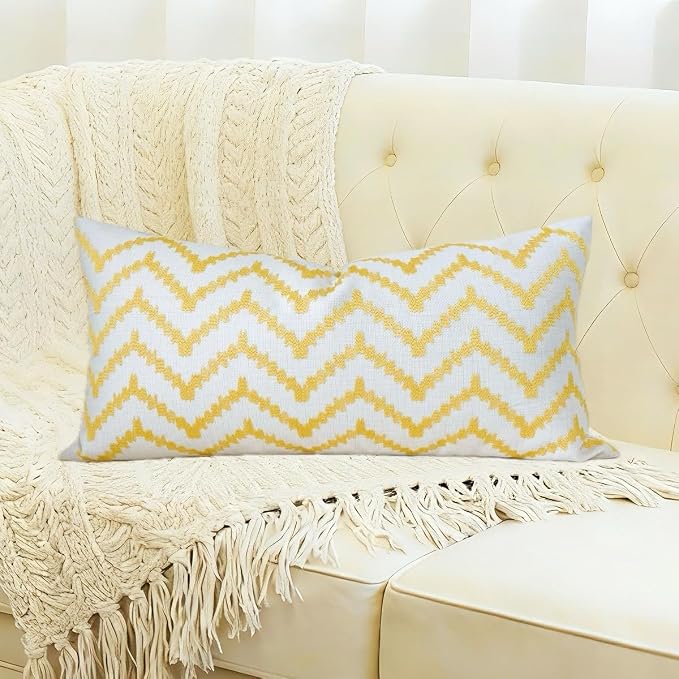 Slow Cow Linen Embroidery Rectangular Pillow Cover Pillowcase Decorative Lumbar Throw Pillow Cover for Couch Sofa 12 x 24 Inches Yellow Gold