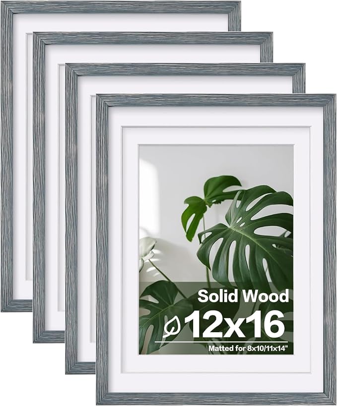 Egofine 12x16 Picture Frames Set of 4, Made of Solid Wood Covered by Plexiglass 9x12 and 11x14 with Mat or 12x16 without Mat, for Wall Mounting Photo Frame Rustic Blue