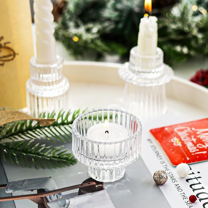 Clear Candlestick Holders 12PCS Ribbed Glass Taper Candle Holders for Tealight Stick Candles Table Centerpieces Thanksgiving Christmas Indoor and Outdoor Decorations
