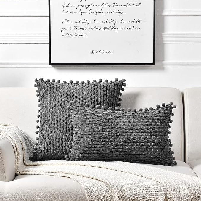 Fancy Homi Set of 2 Dark Gray Decorative Throw Pillow Covers 16x16 Inch with Pom-poms for Couch Bedroom Living Room, Modern Farmhouse Boho Home Decor, Soft Plush Corduroy Cute Cushion Case 40x40 cm