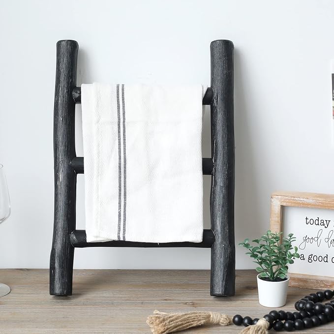 FUIN Tea Towel Ladder, Mini Rustic Solid Wood Decorative Ladder, Black | Farmhouse living room accent, Layered blanket towel quilt display, Visible wood grain, Bathroom and Bedroom use
