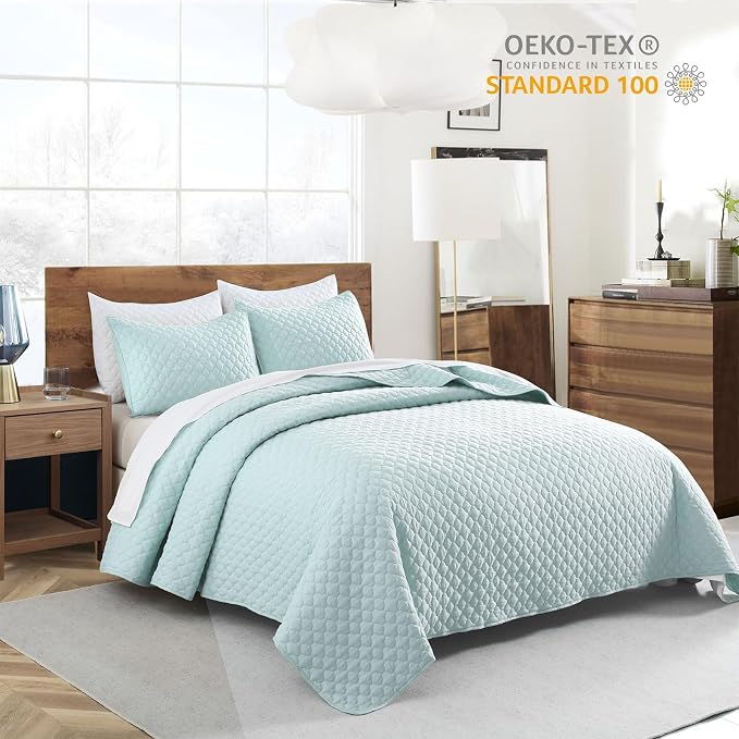 HORIMOTE HOME Quilt King Size Aqua Blue, Lightweight Quilt for Summer, Ultra-Soft Microfiber Modern Style Quilted Clouds Pattern Bedspread Quit Set 3 Pieces(1 Quilt and 2 Pillow Shams)