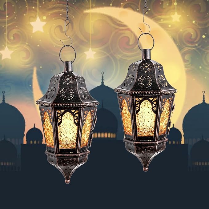 NEEDOMO Hanging Moroccan Lantern, 13.5'' Vintage Metal Candle Holder with 14.8" Chain, Ramadan Lanterns Decorative Indoor Outdoor for Home, Table, Patio, Porch, Christmas,Halloween, Spring (Amber)