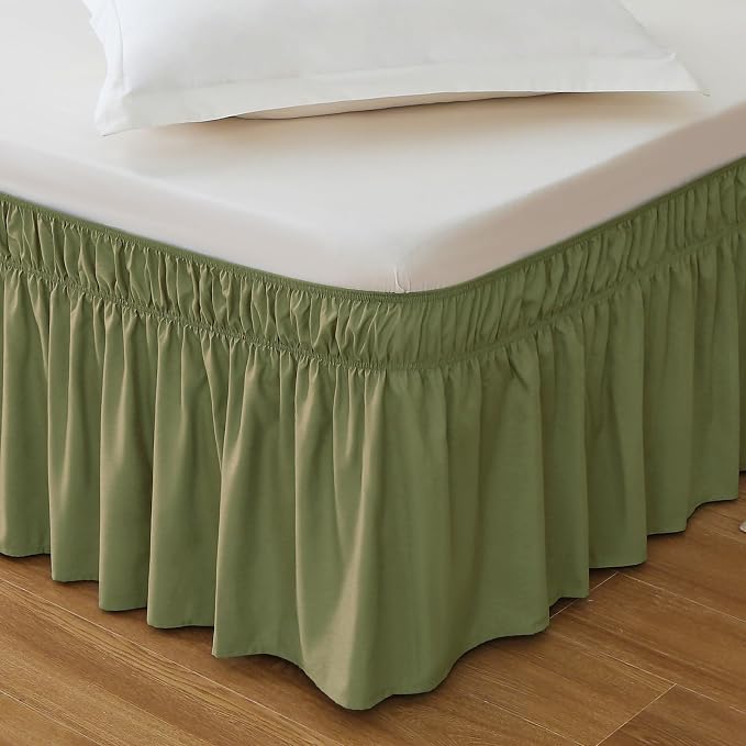 MEILA Wrap Around Elastic Bed Skirt for Twin & Full Beds, 24" Drop, Sage | Three-Side Adjustable Elastic Dust Ruffle, Ruffled Polyester Fabric, Easy to Install, Fade Resistant & Machine Washable