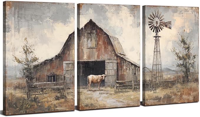 Vintage Farmhouse Wall Art Old Barn Canvas Painting Prints for Kitchen Windmill Barn Pictures Framed Paintings Landscape Countryside Posters Wall Decor for Bedroom Office Home Decorations 16x24